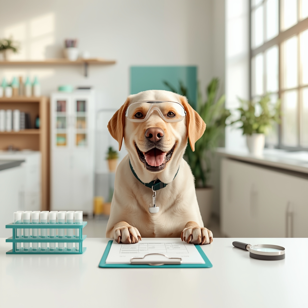 Happy golden retriever sitting beside the NouriPet gut health test kit