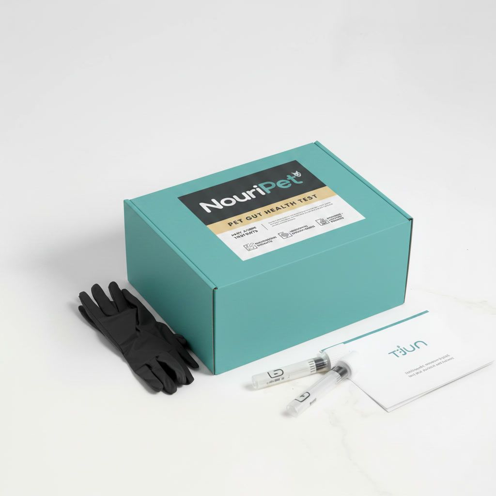 NouriPet kit contents — box, gloves, collection tube and instructions