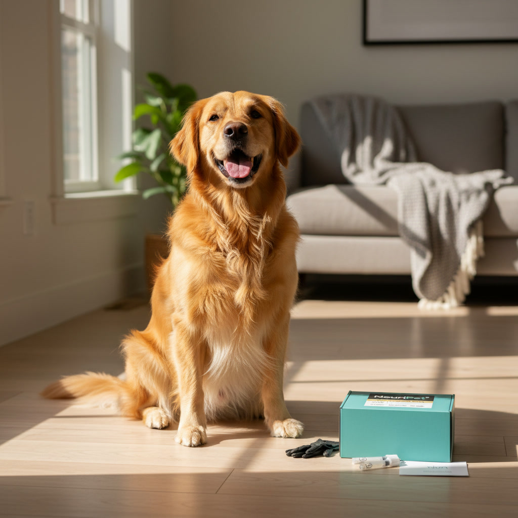 Happy golden retriever sitting beside the NouriPet gut health test kit